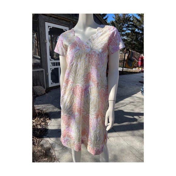 Pastel Botanical Print Tunic Dress Kurta Short Sleeve Gold Embroidery V-Neck - Picture 2 of 12